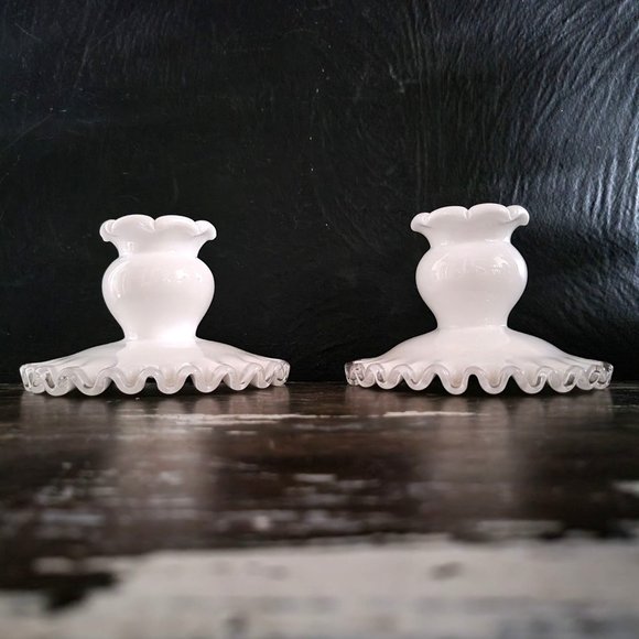 Pair of Fenton Ruffled Edge Silvercrest Candle Holders, Milk Glass Candle Holder - Picture 3 of 5